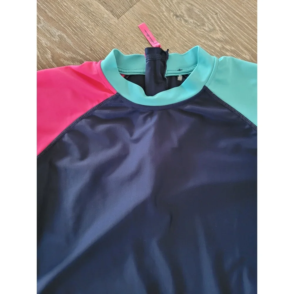 Eddie Bauer Kids Rash Guard L 14/16 Navy Blue Pink Short Sleeve Swim Shirt #8
